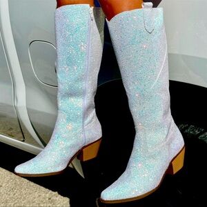 Wide Calf Friendly - White Unicorn Glitter Boots